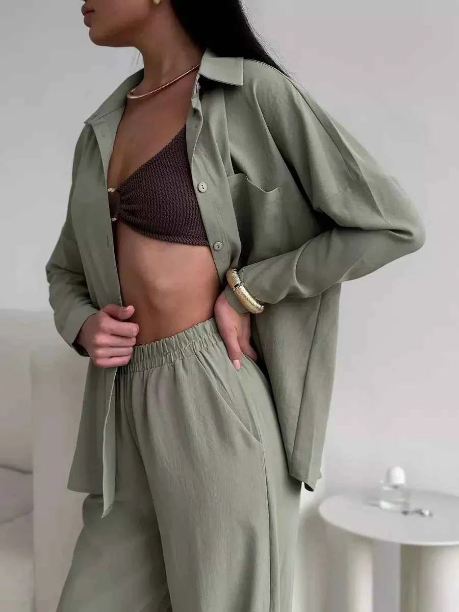 Button Up Long Sleeve Shirt and Pants Set