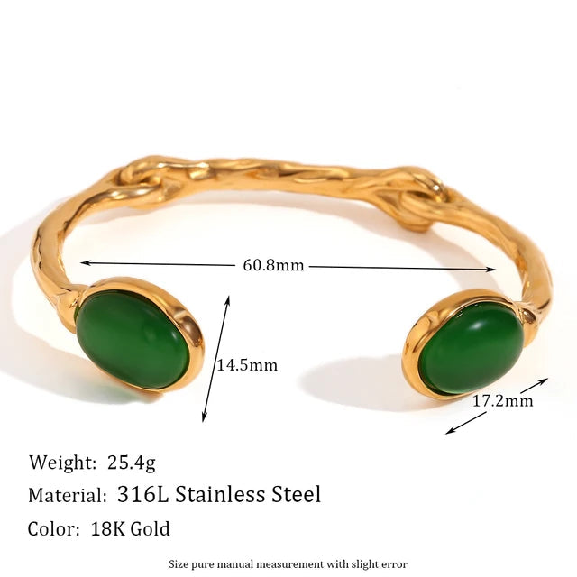 Oval Natural Stone Open Irregular Green Agate Pink Crystal Bracelet 18K Gold Plated 316L Stainless Steel Bracelets for Women eprolo