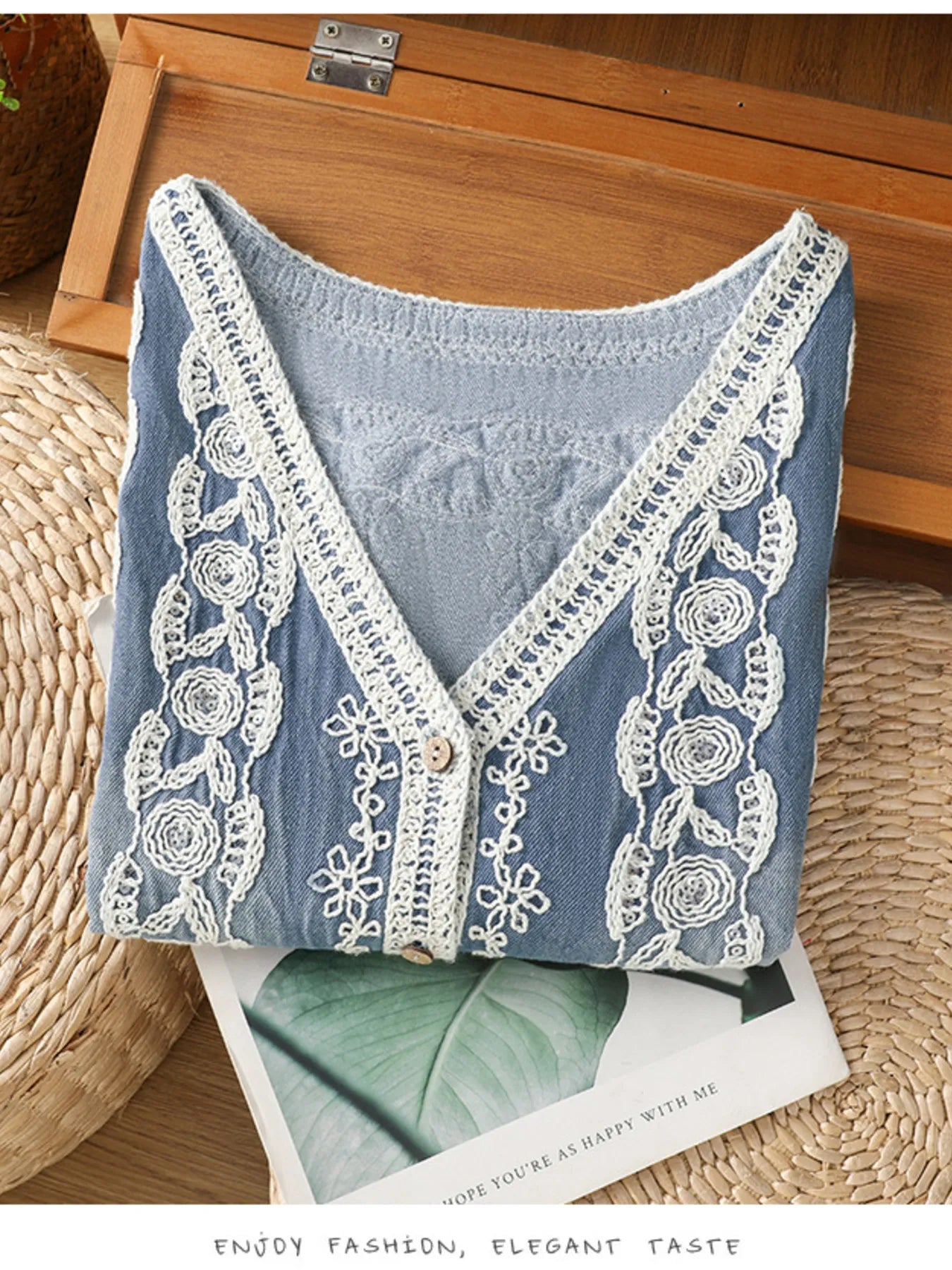 Embroidered Button Up V-Neck Vest Coat.