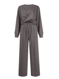 Crisscross Round Neck Top and Drawstring Pants Set.