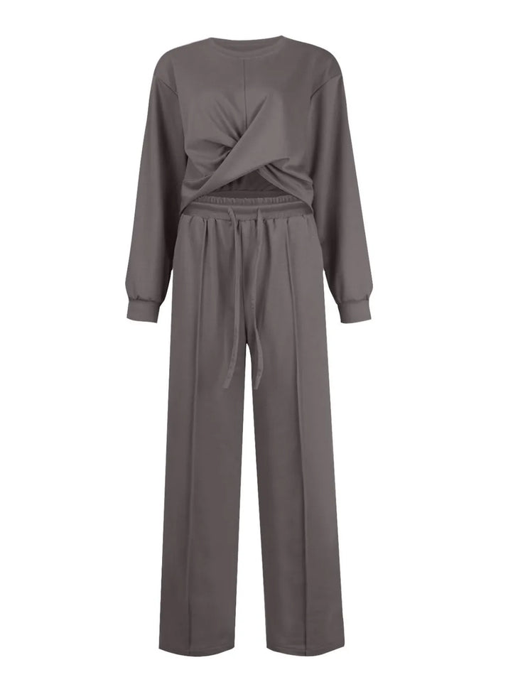 Crisscross Round Neck Top and Drawstring Pants Set.