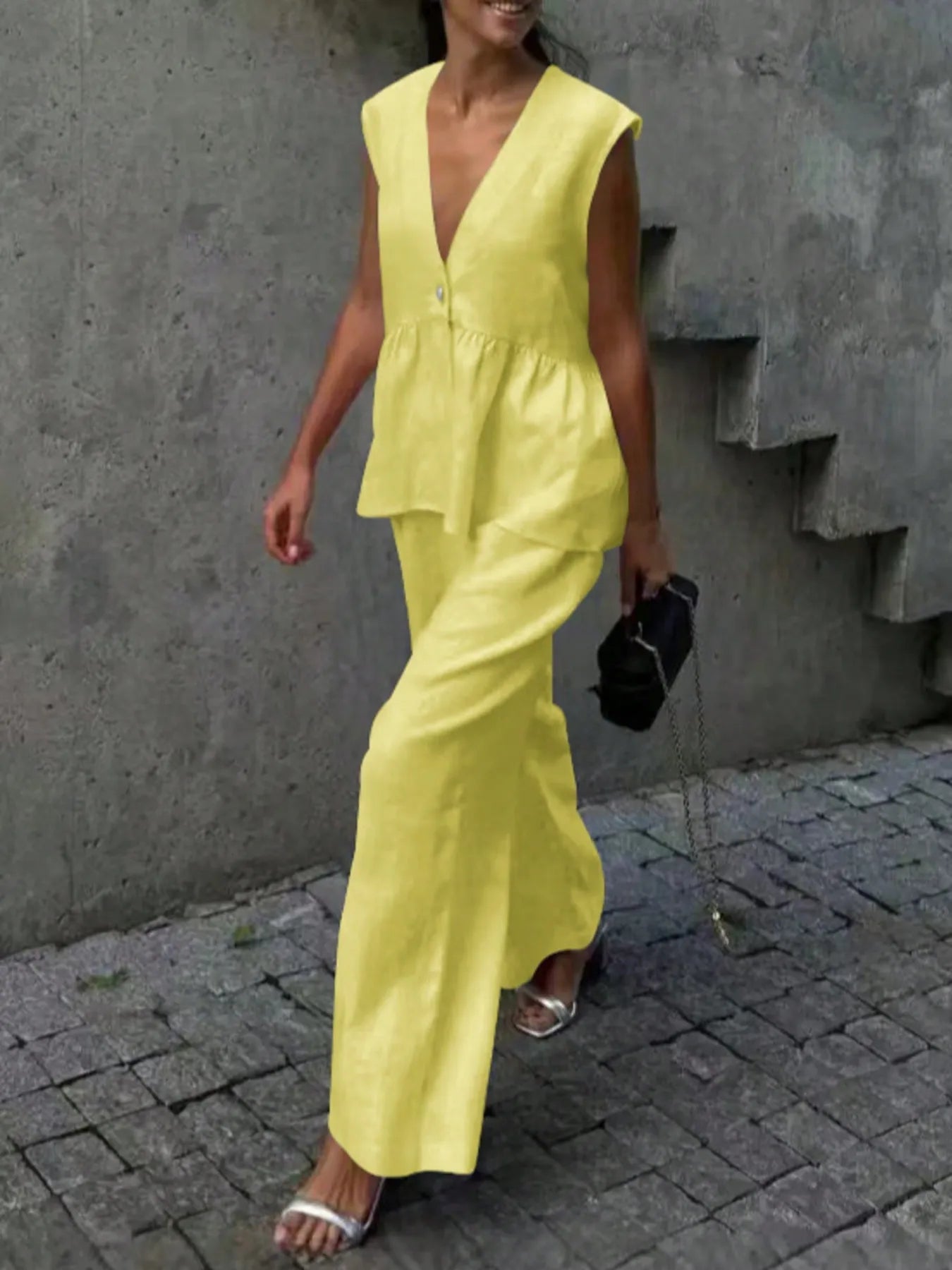 Button Down Peplum Vest and Pants Set.