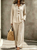 Womens Buttoned Polo-collar Long-sleeve Pantsuit