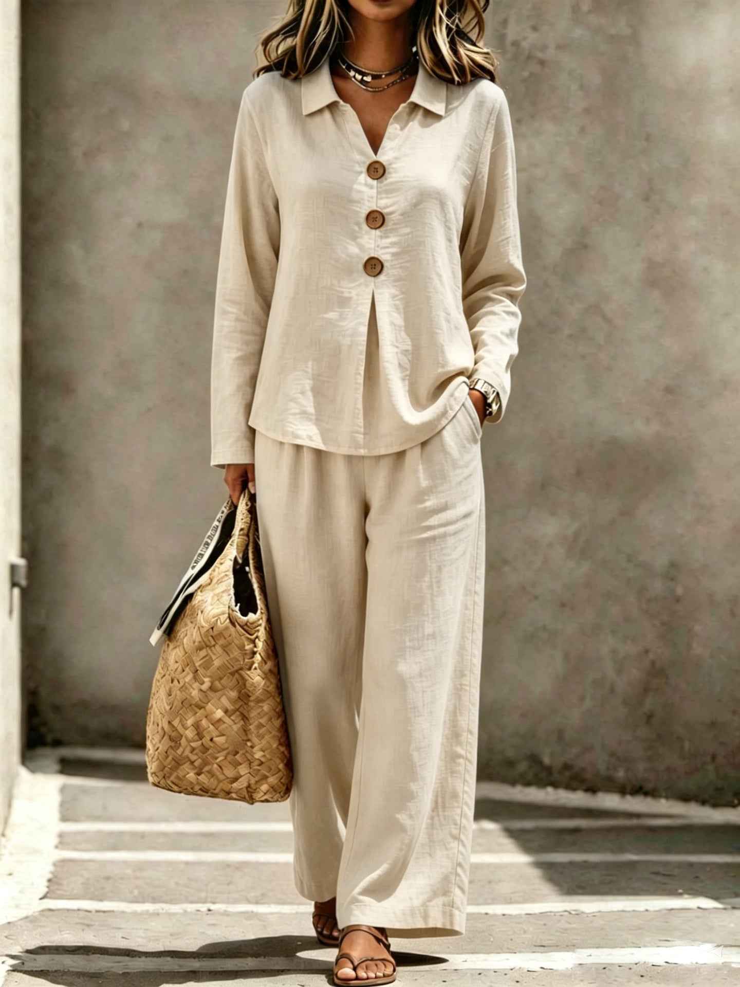 Womens Buttoned Polo-collar Long-sleeve Pantsuit