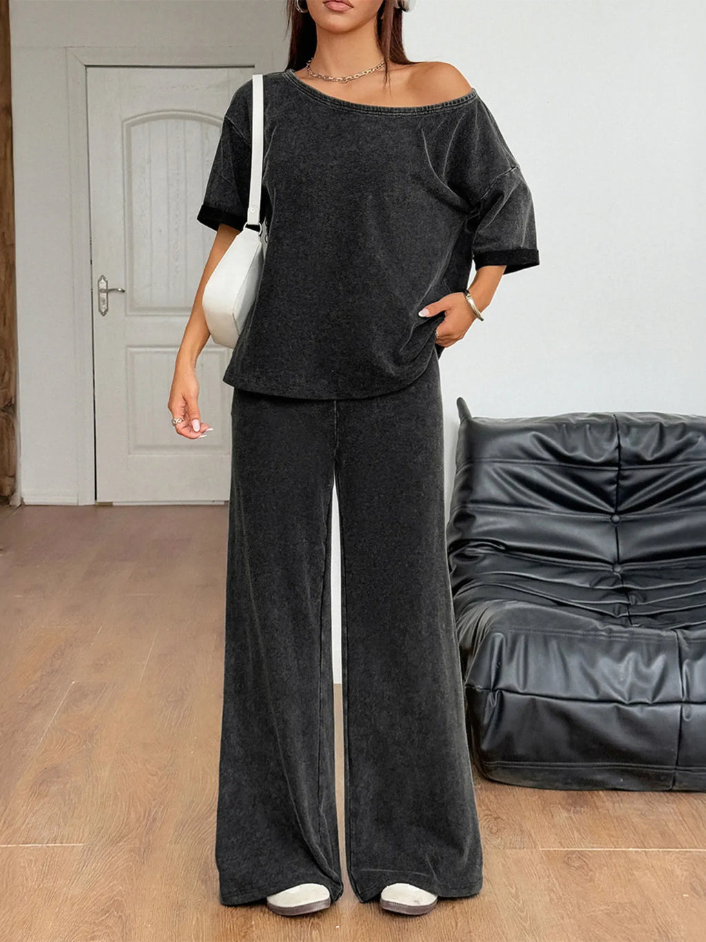 Washed Boat Neck T-Shirt and Pants Set.