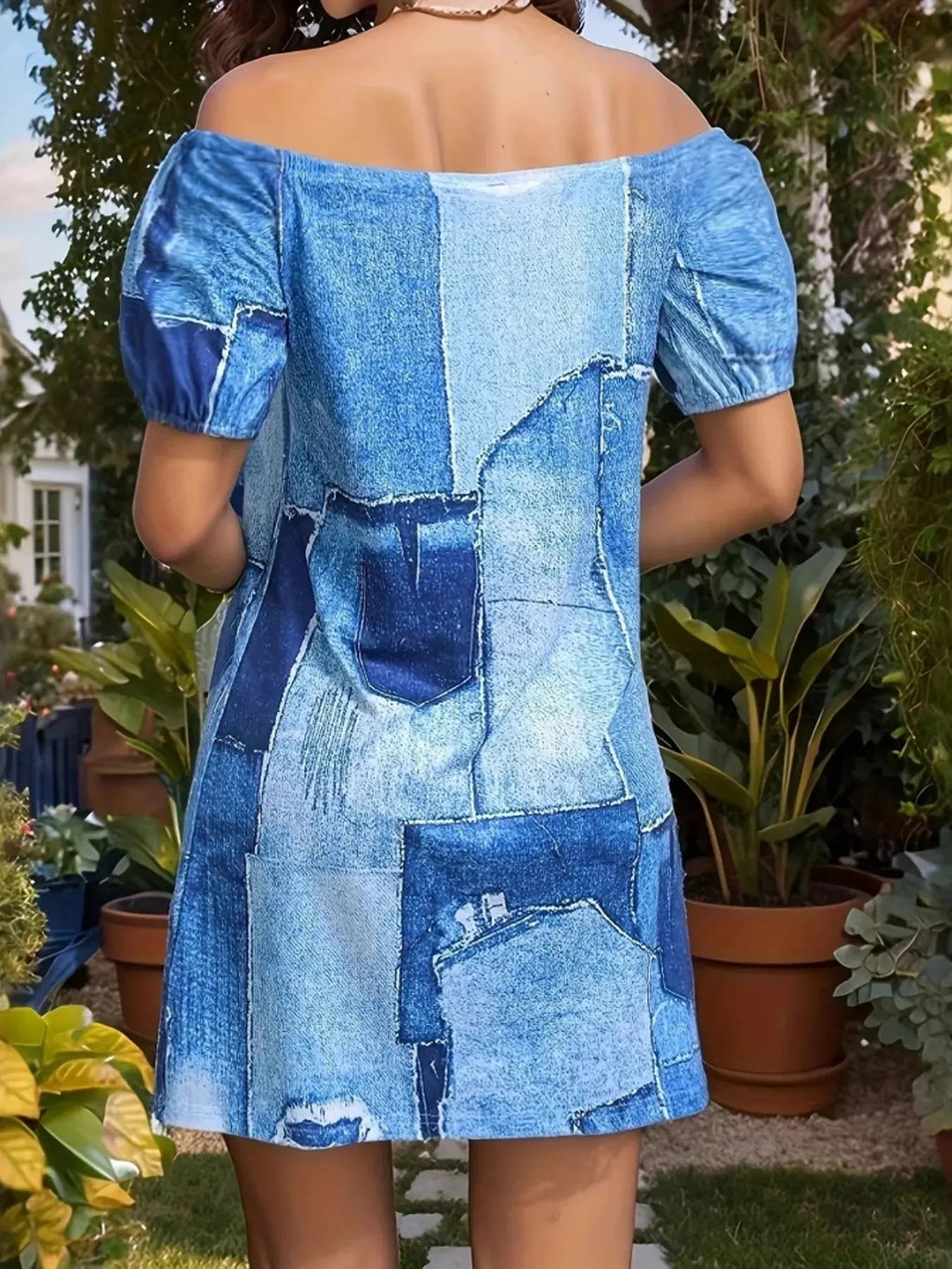 Patchwork Off Shoulder Denim Mini Dress.