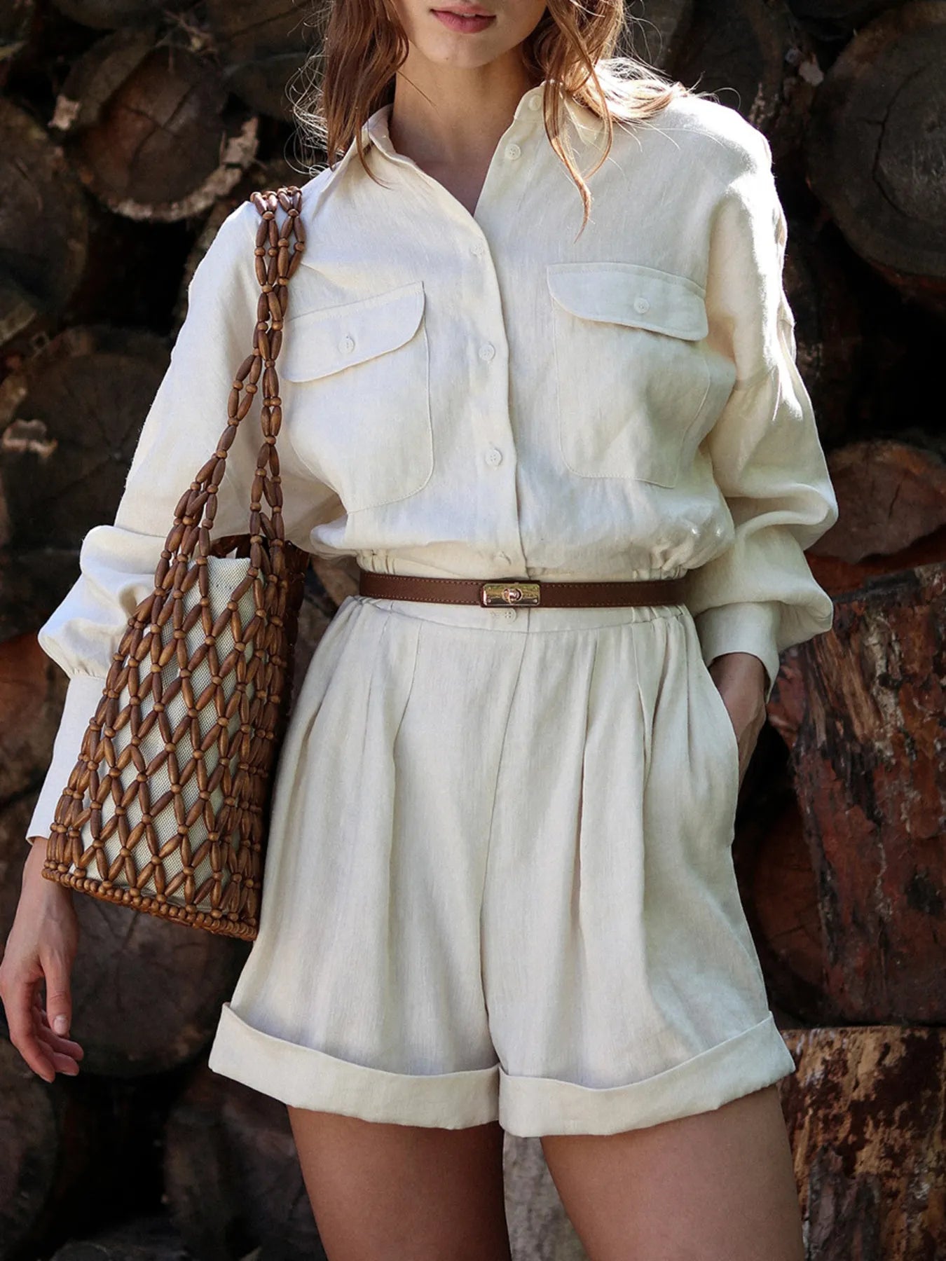 Casual Button Front Long Sleeve Romper.