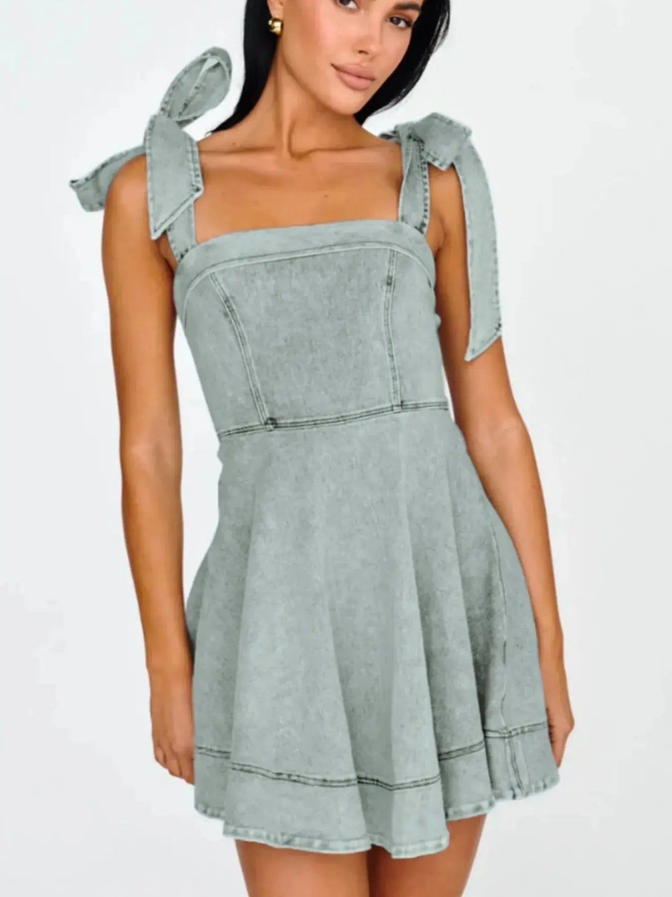 Bow-Shoulder Square Neck Denim Mini Dress.