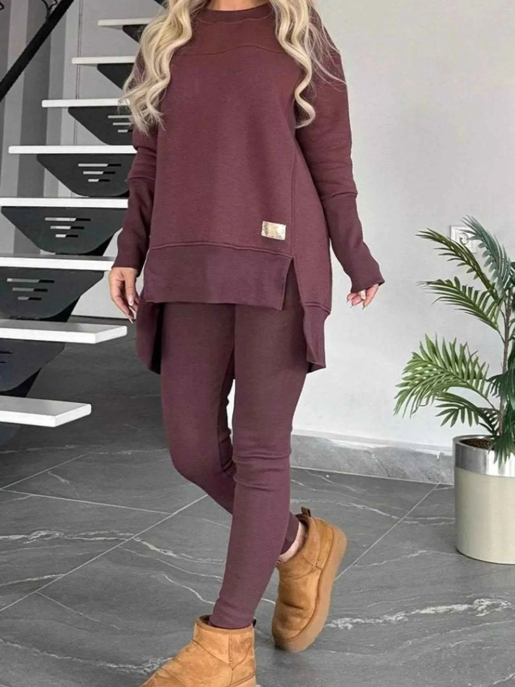 Full Size Slit Round Neck Top and Pants Set Plus Size