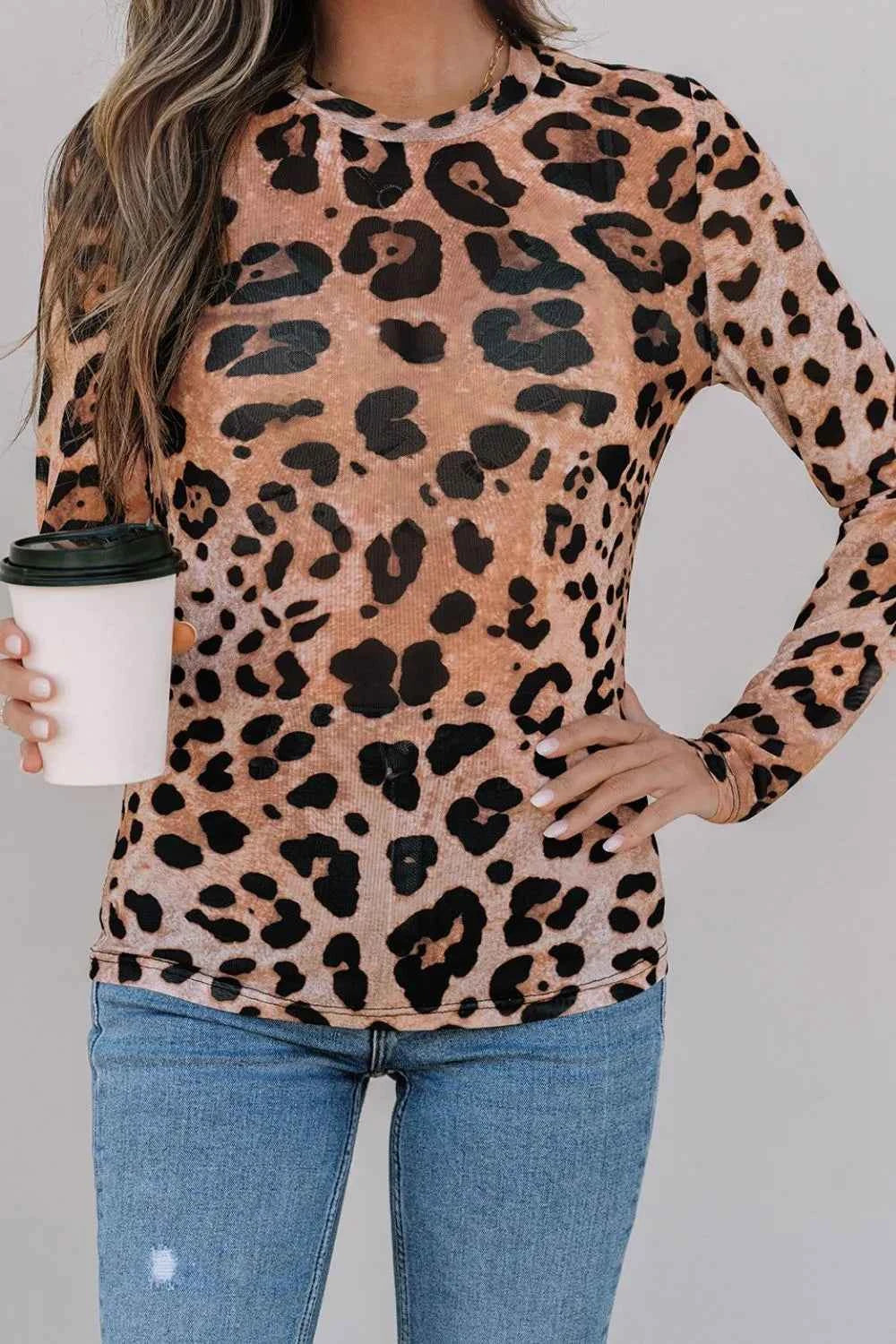 Leopard Round Neck Long Sleeve Blouse