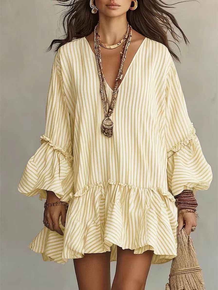 Womens Striped Print V-Neck Long-Sleeve Dress