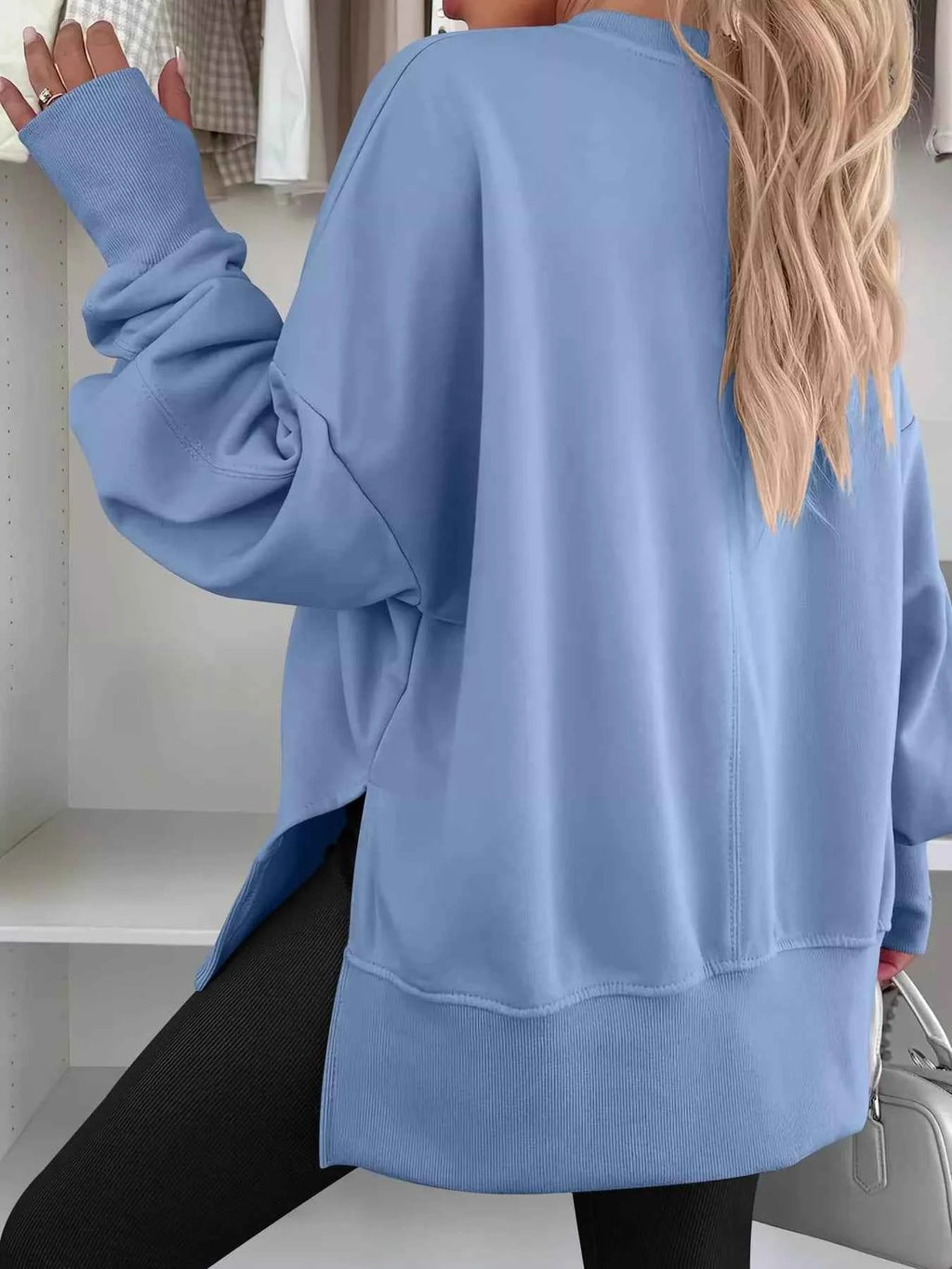 Side Slit Round Neck Long Sleeve Sweatshirt