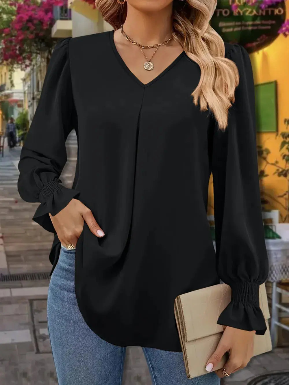 V-Neck Flounce Sleeve Blouse.