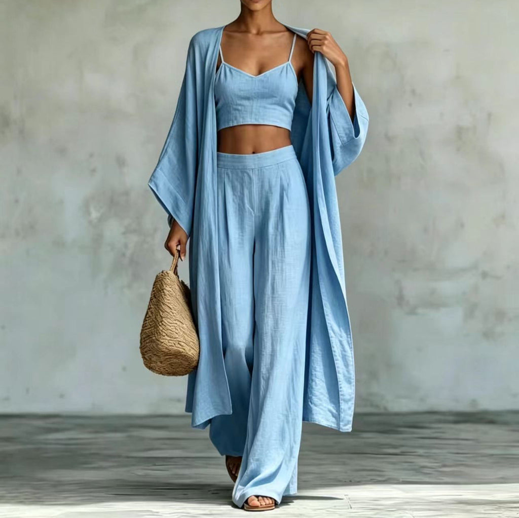 Loose cardigan short strap high waist wide leg pants set eprolo