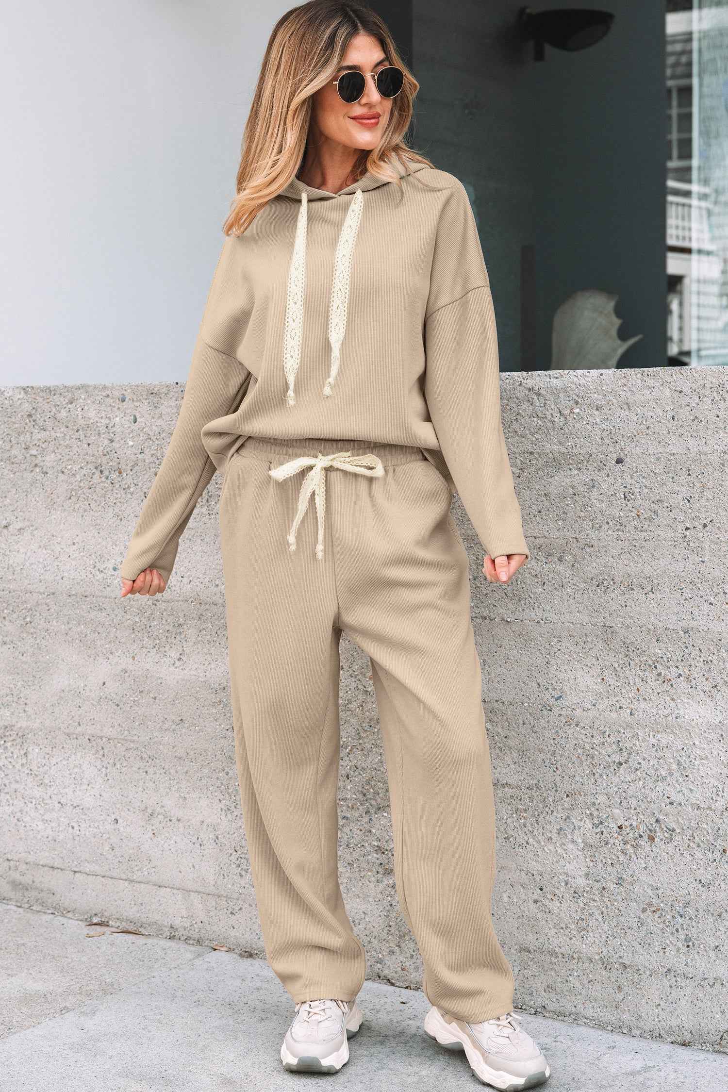 Jet Stream Lace Drawstring Pullover Hoodie and High Waist Pants Corduroy Suit