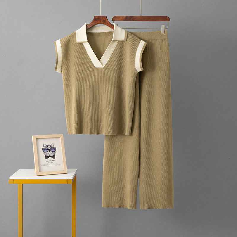 Solid Color Loose Sleeveless Knit Top + Sporty Fitted Wide-Leg Pants Two-Piece Set for Women