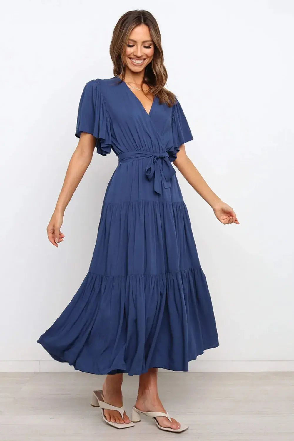Front Tie Short Sleeve Tiered Midi Dress.