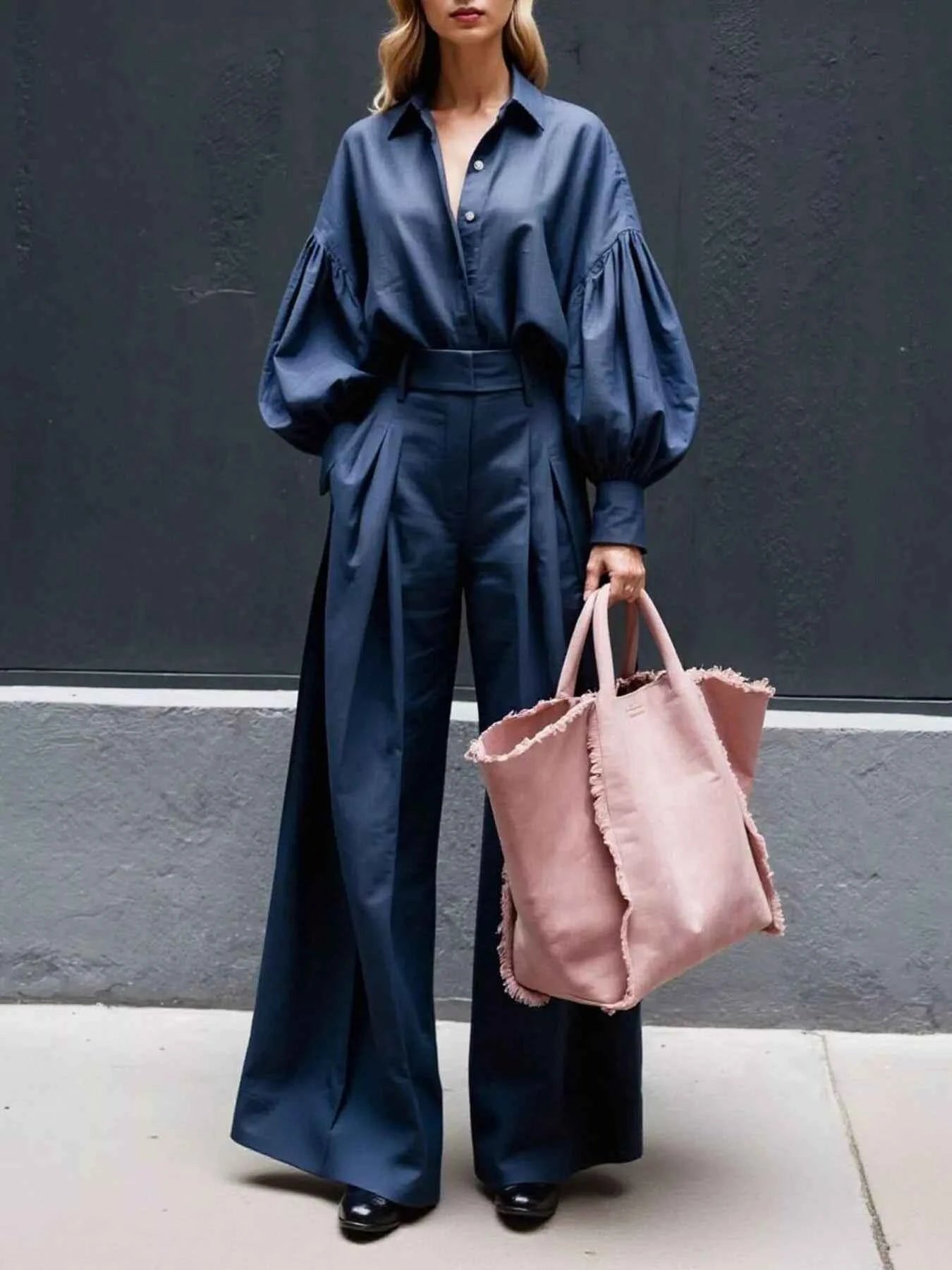 Lantern Sleeve Shirt and Wide Leg Pants Set
