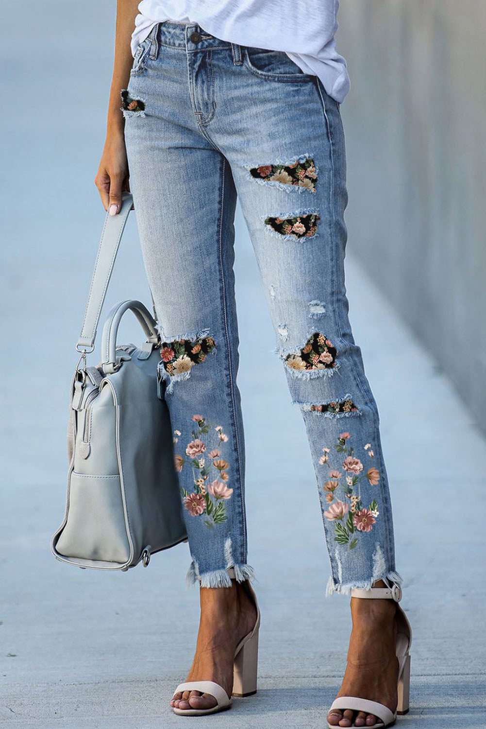 Sky Blue Printed Patch Ripped Skinny Jeans Dear-Lover Dropshipping