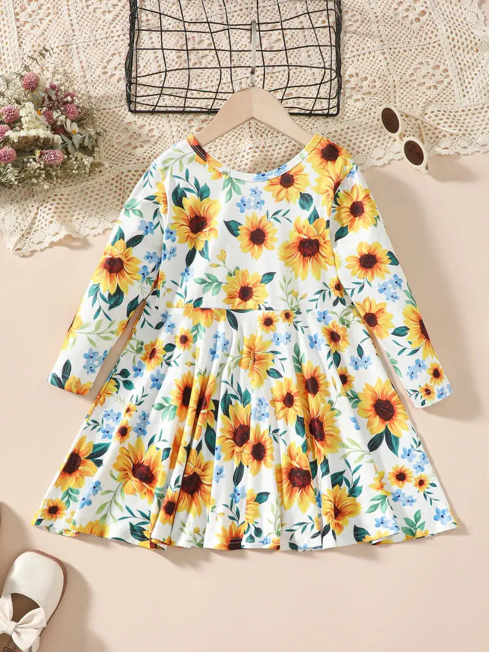 Kids Sunflower Print Round Neck Long Sleeve Dress.