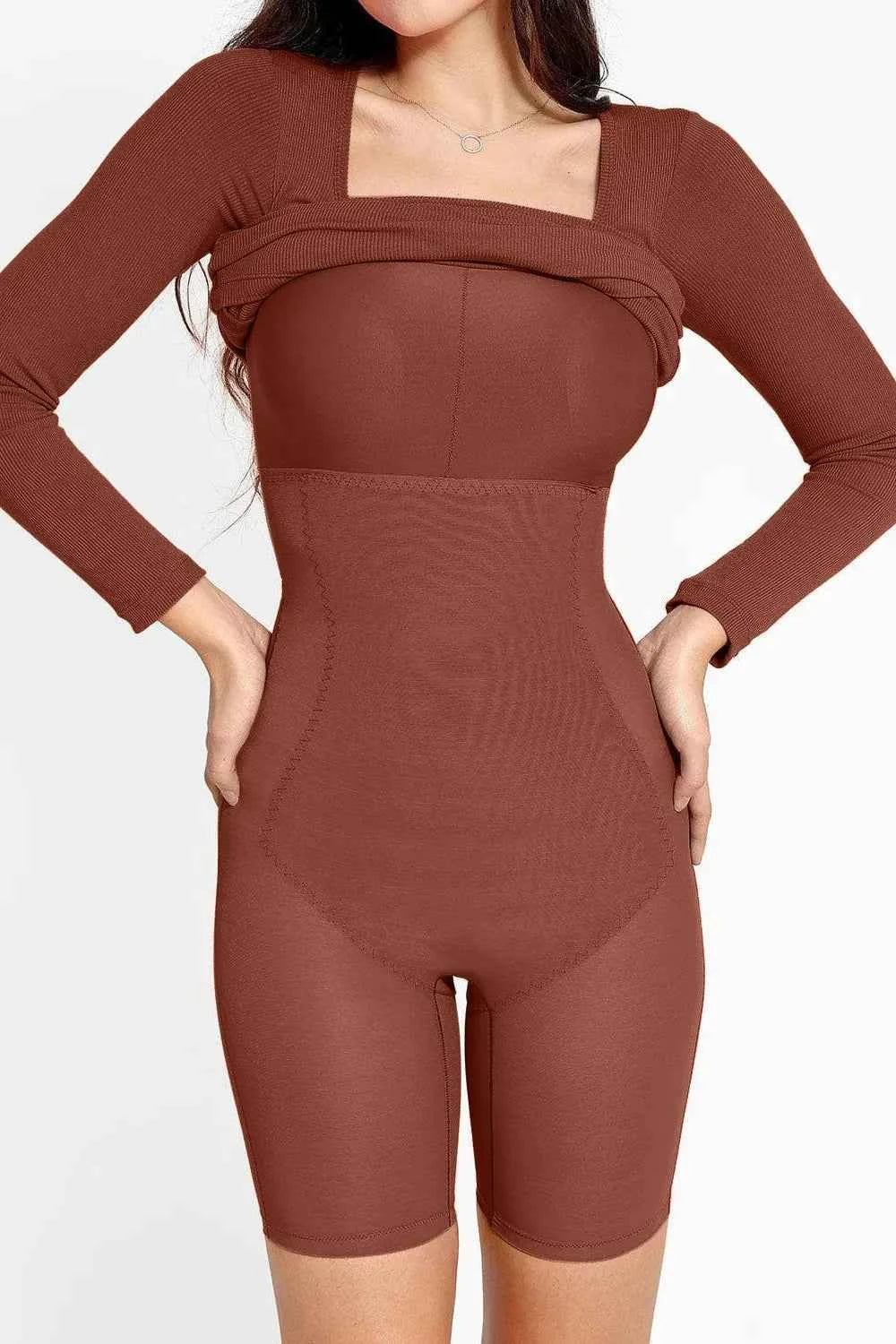 Basic Bae Full Size Built-In Shapewear Square Neck Long Sleeve Dress.