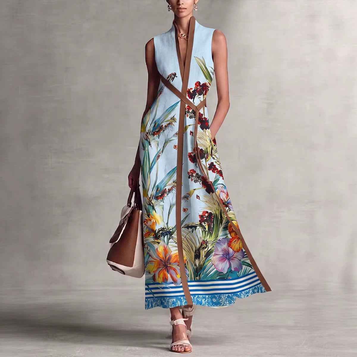 Sleeveless Long V-neck Printed Patchwork Dress