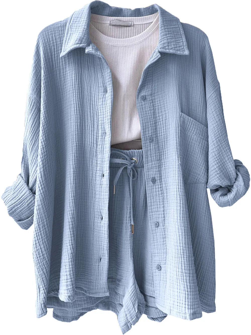 Texture Button Up Shirt and Drawstring Shorts Set - CHIC TB