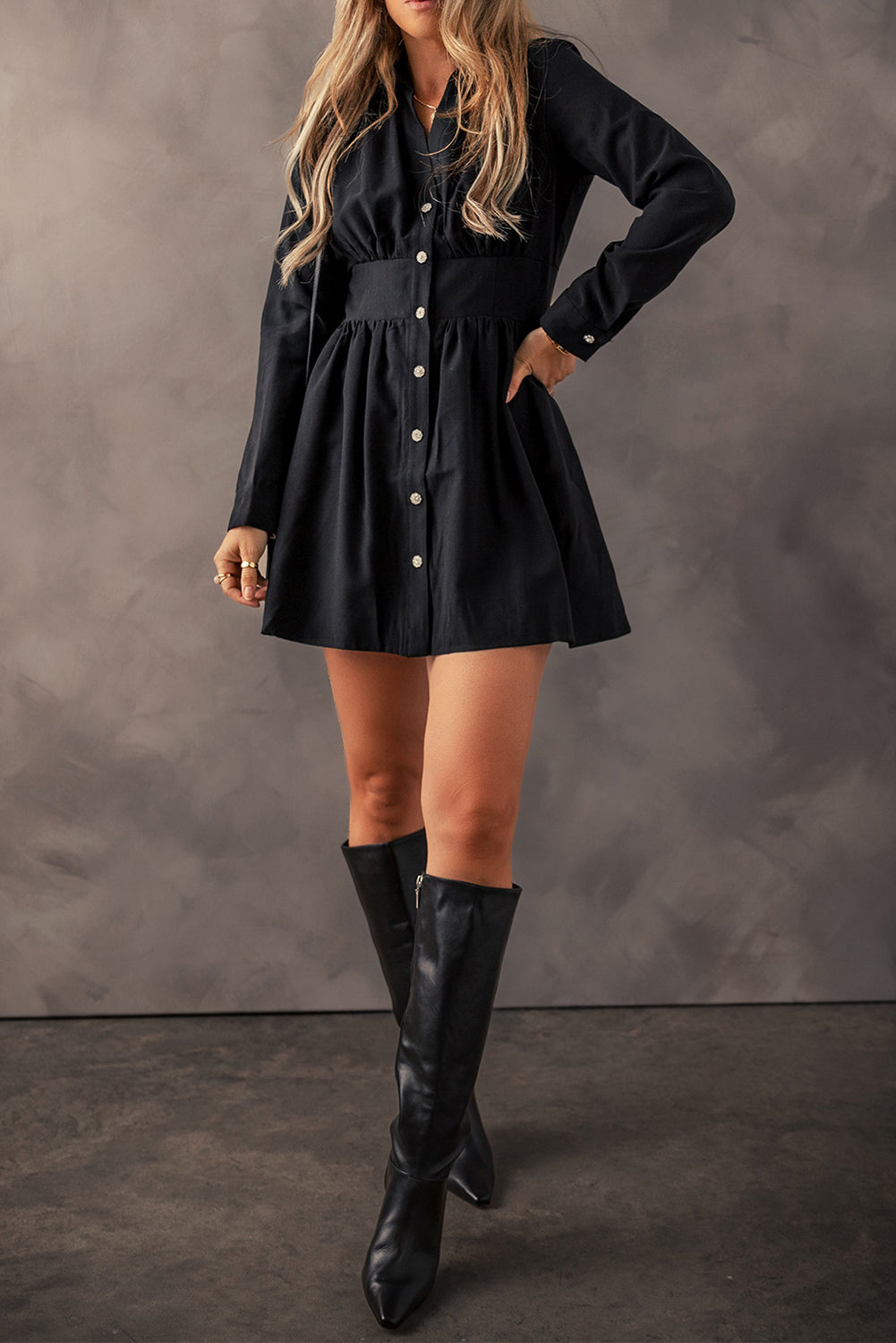 Black Elastic Cinched High Waist Long Sleeve Shirt Mini Dress Dear-Lover Dropshipping