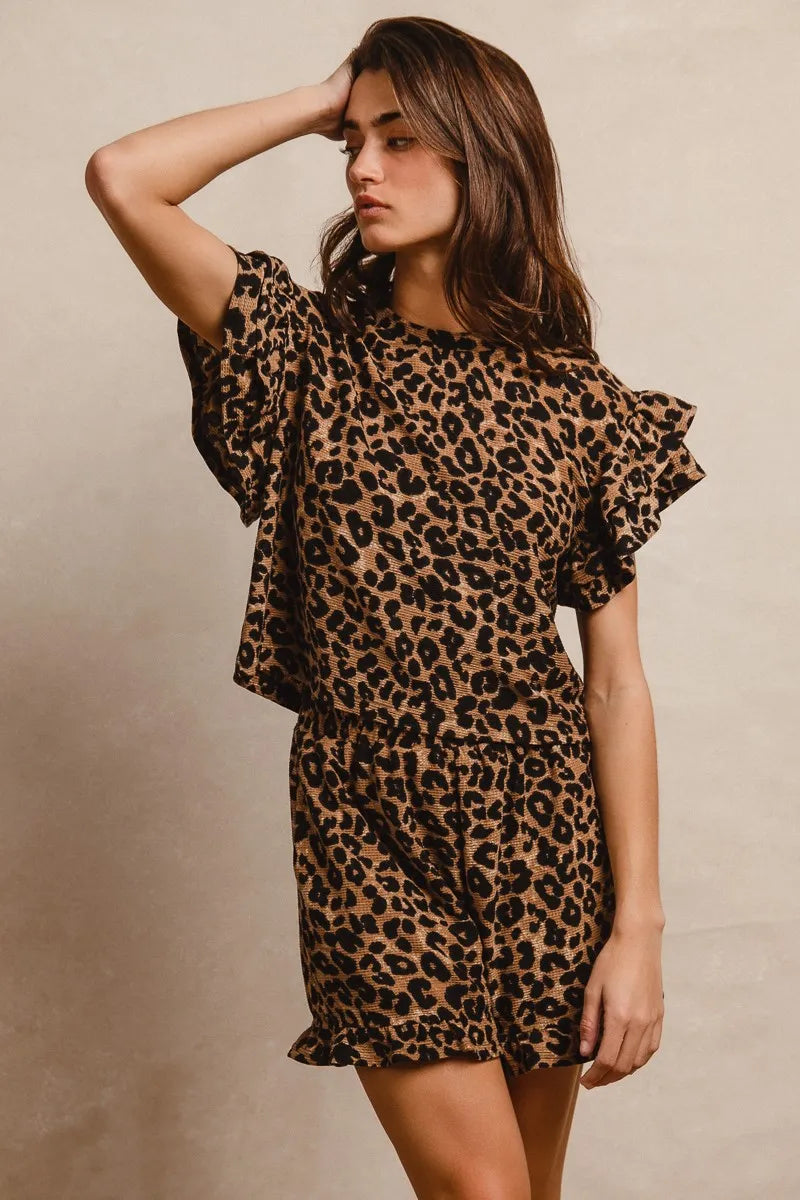 BiBi Leopard Print Waffle Texture Layered Ruffle Sleeve Top and Shorts Set.