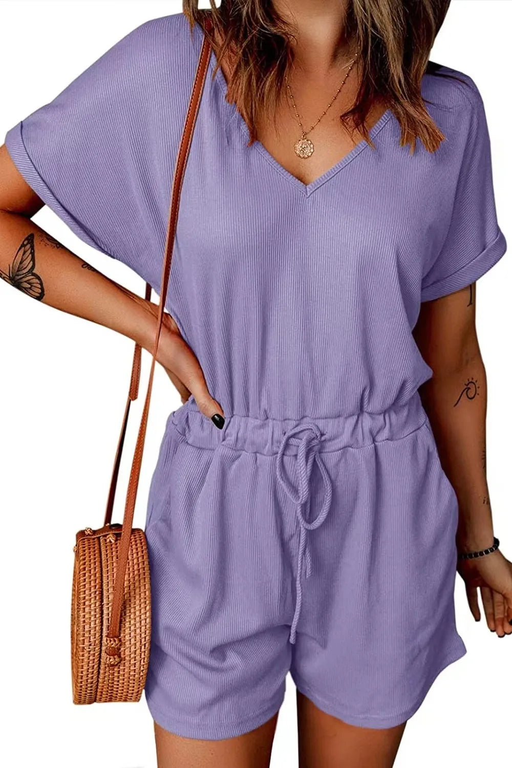 V-Neck Short Sleeve Romper.