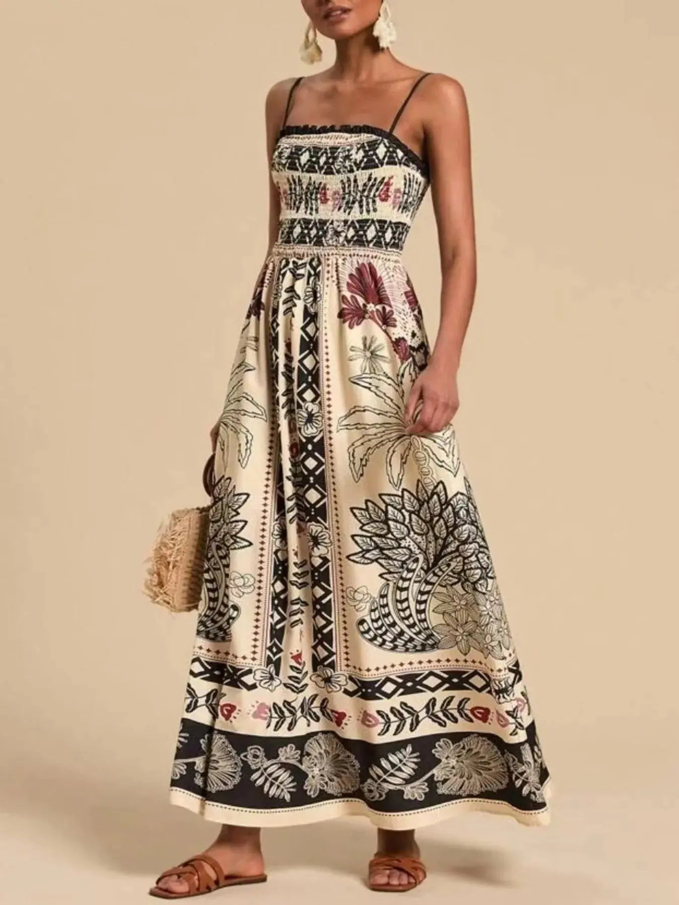 Smocked Printed Spaghetti Strap Maxi Summer Dress.