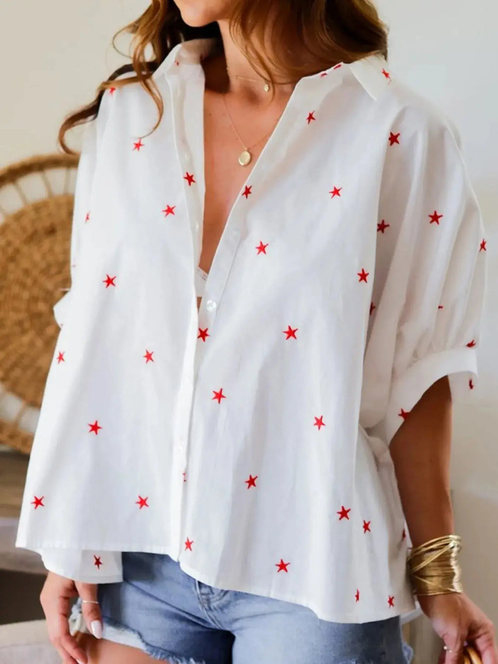 Star Print Puff Sleeve Button-Up Shirt.