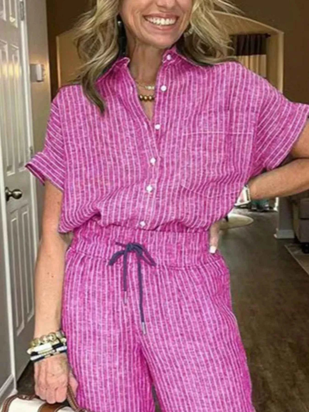 Full Size Striped Button-Up Shirt and Wide Leg Pants Casual Set Plus Size.