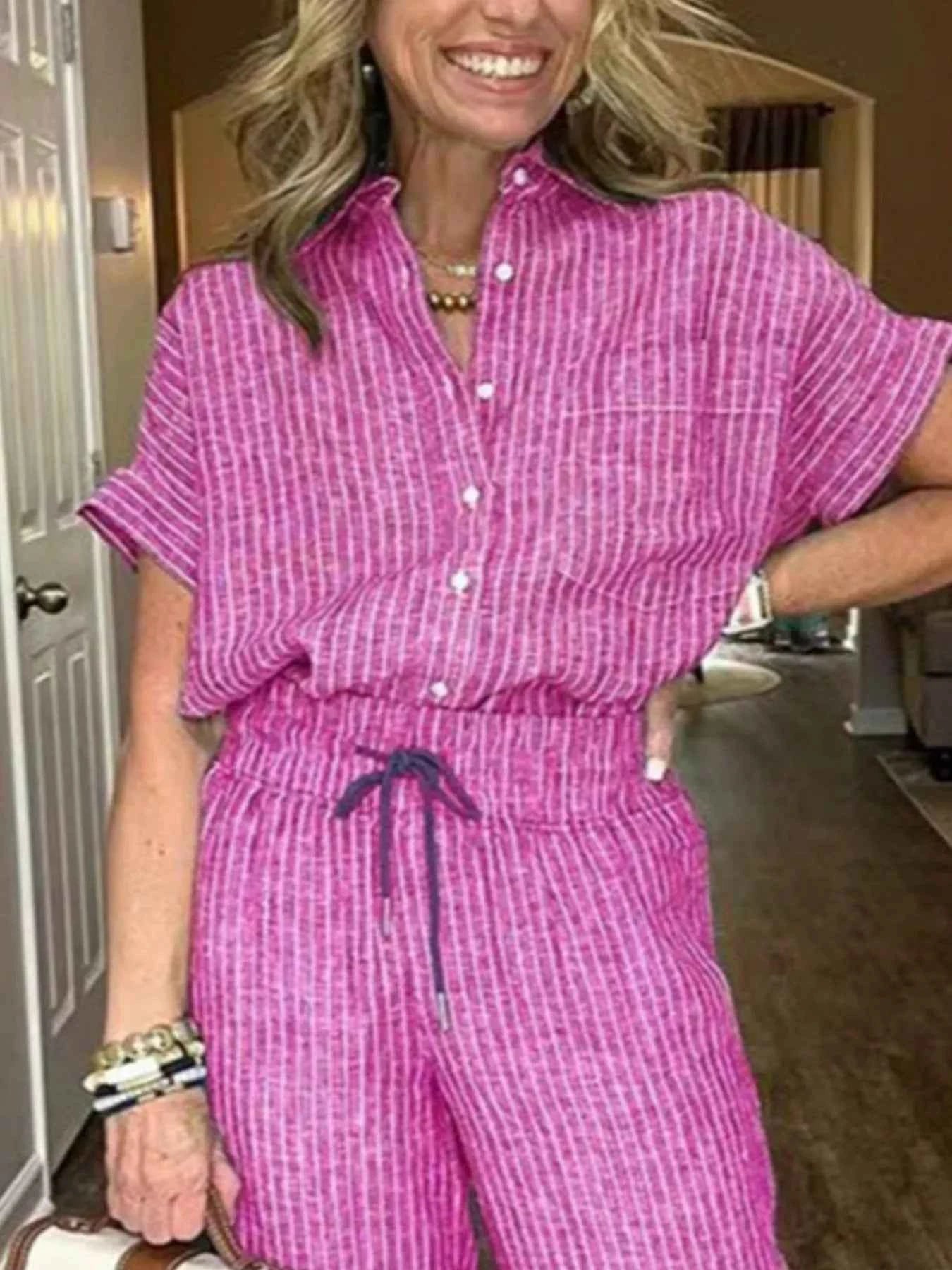 Full Size Striped Button-Up Shirt and Wide Leg Pants Casual Set Plus Size.