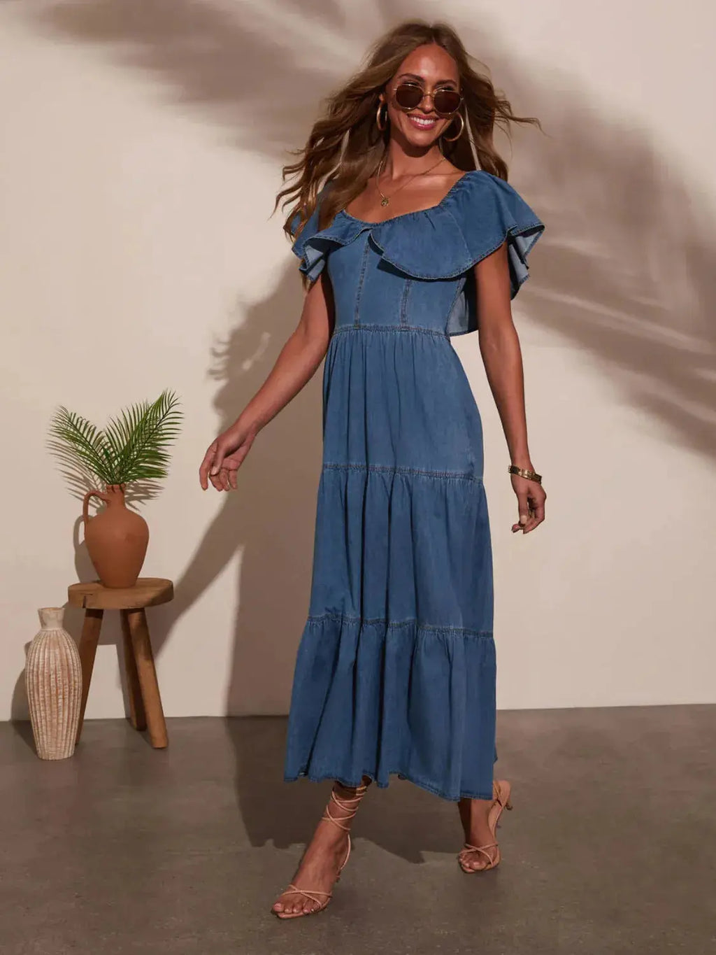 Off Shoulder Ruffle Tiered Denim Dress.