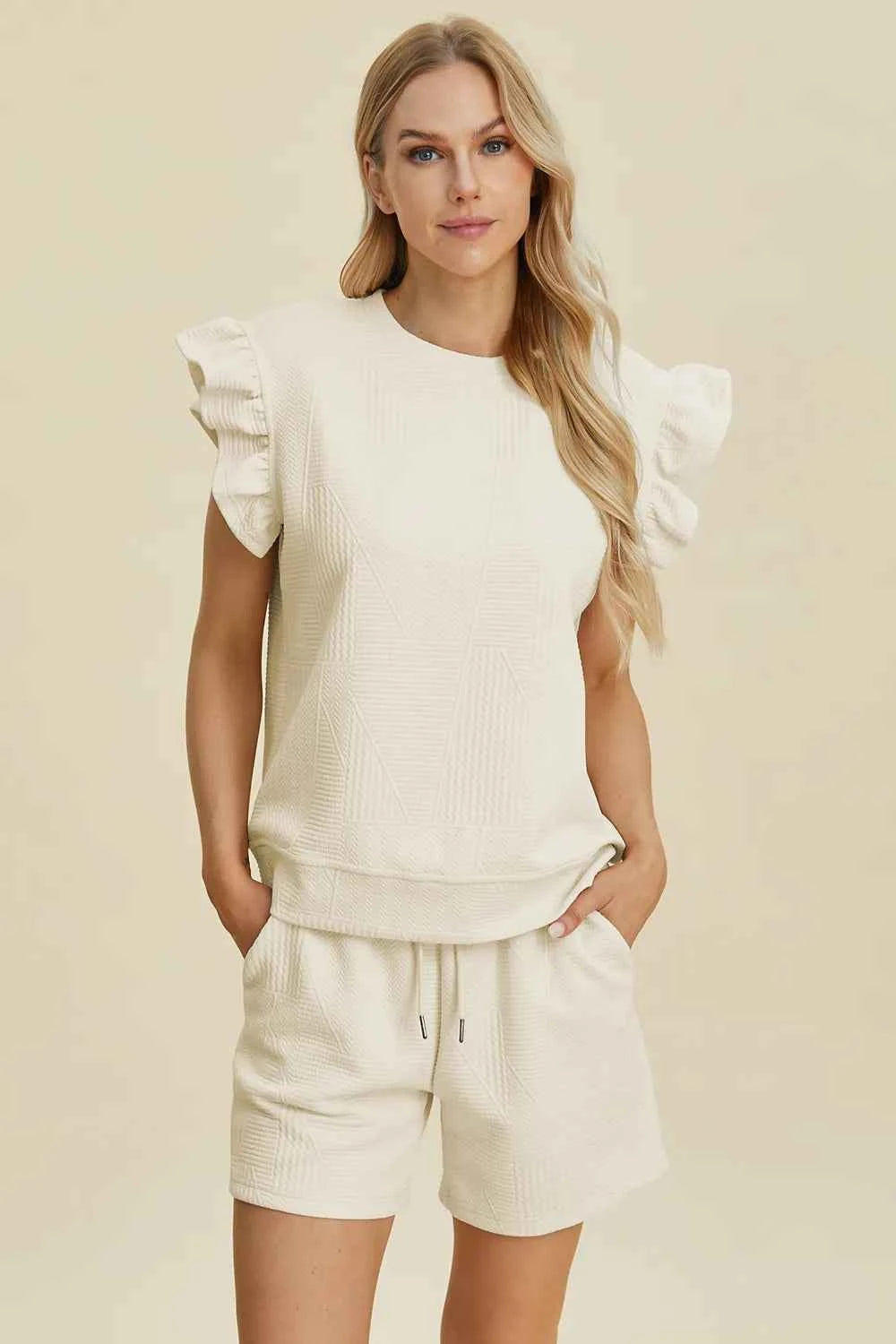 Round Neck Ruffle Sleeve Top and Shorts Set