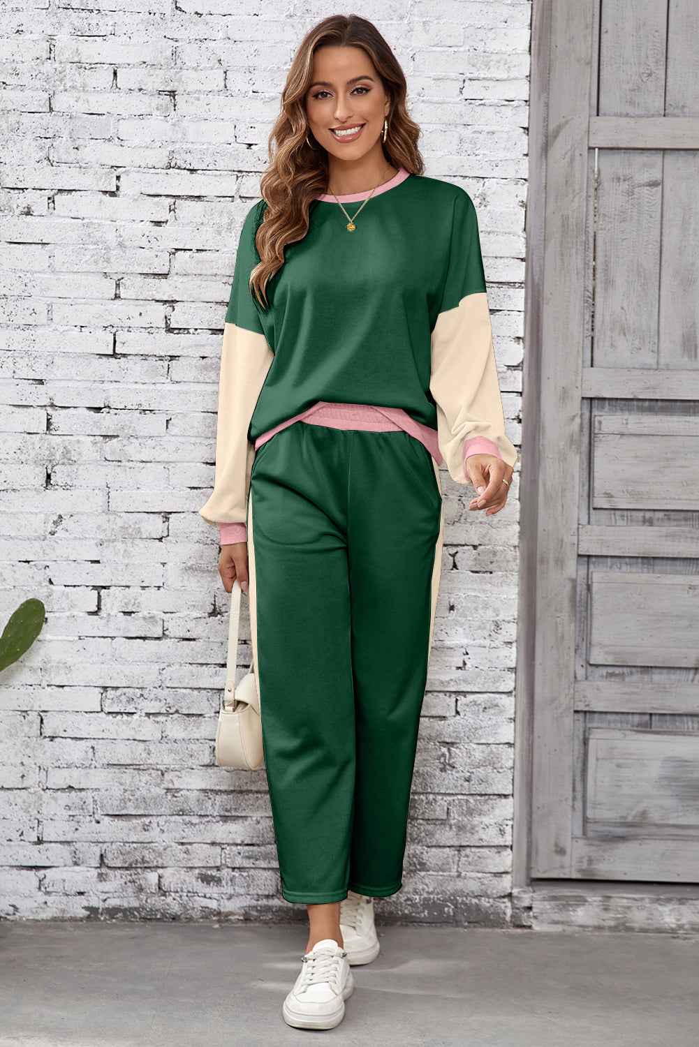 Blackish Green 2pcs Color Block Pullover Loose Pant Set