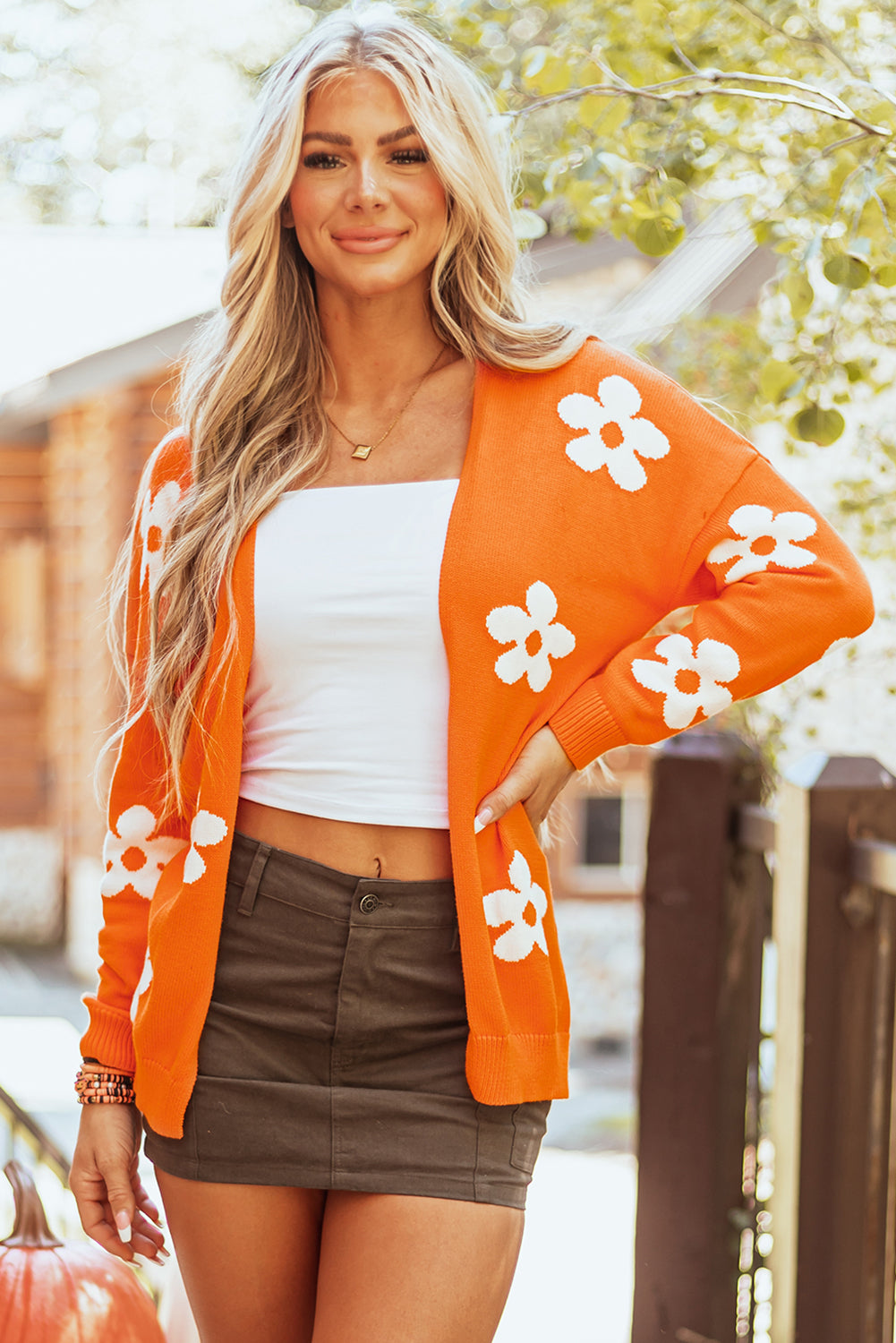 Orange Floral Print Knitted Open Front Loose Cardigan Dear-Lover Dropshipping