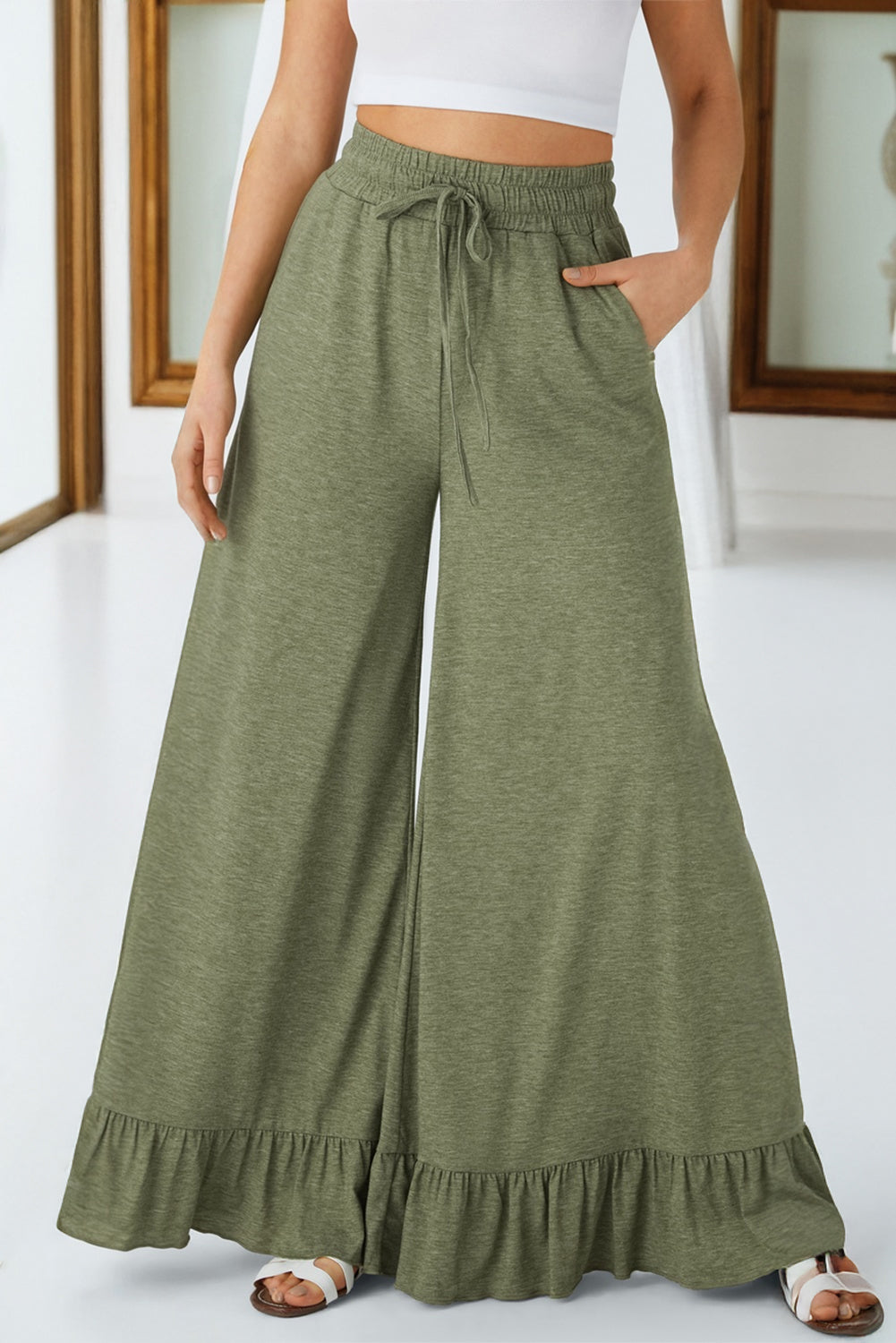 Jungle Green Ruffled Wide Leg Pull On High Waist Pants with Pockets Dear-Lover Dropshipping