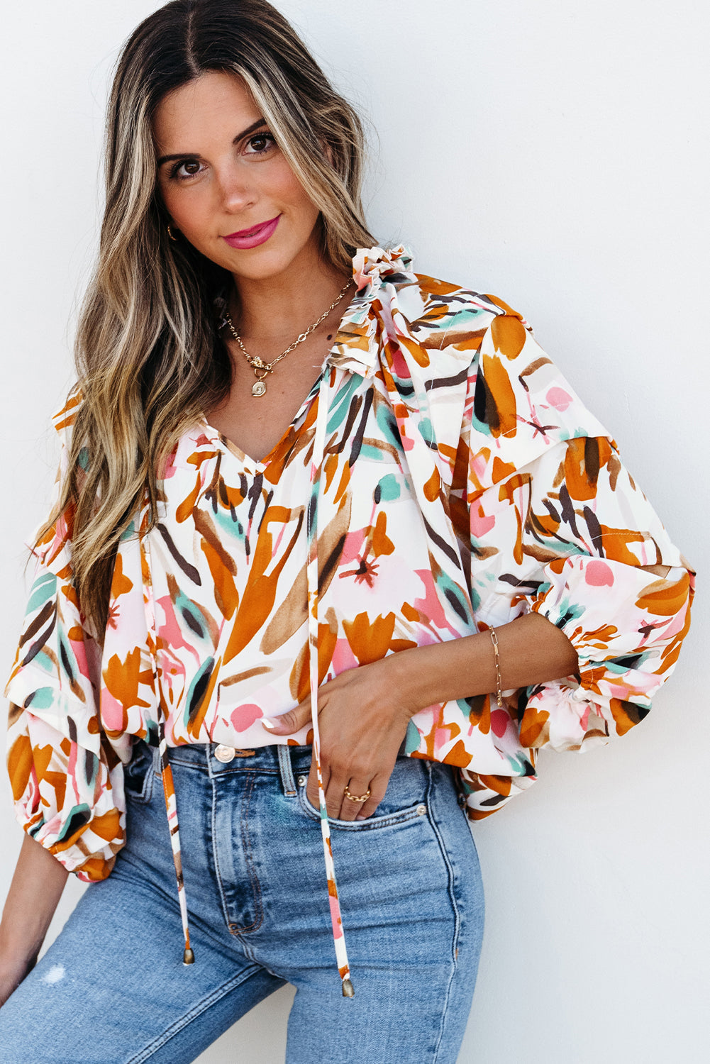 Yellow Abstract Print Drawstring Frilled V Neck 3/4 Sleeve Blouse Dear-Lover Dropshipping