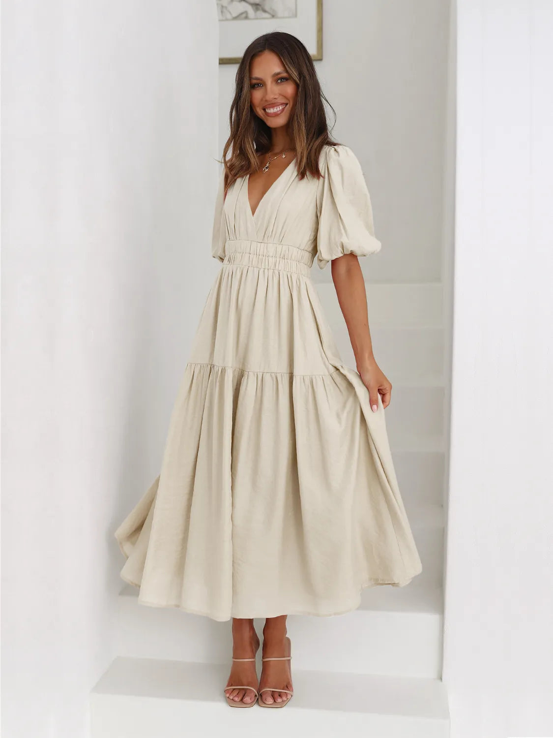 Tiered Surplice Half Sleeve Midi Dress.