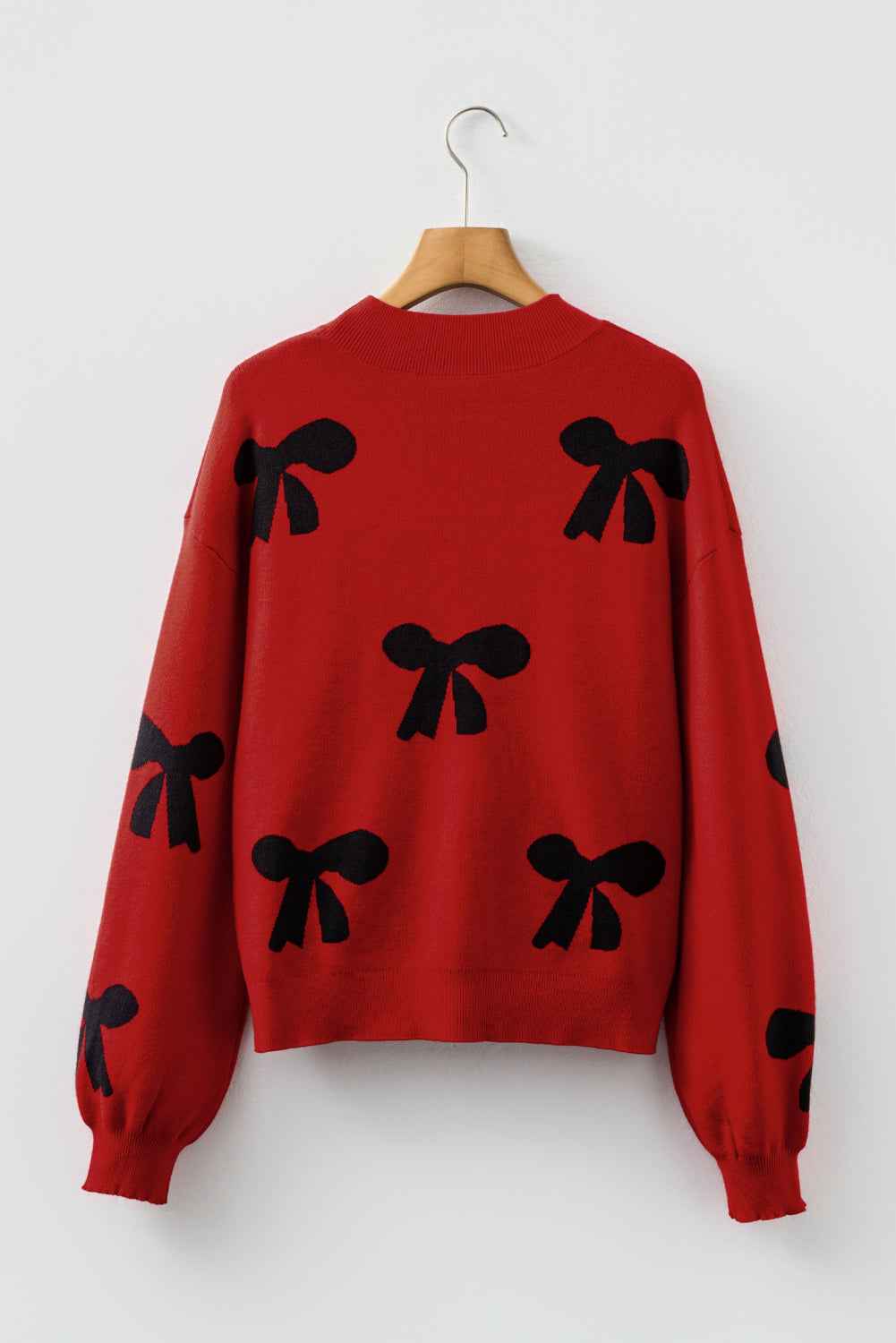 Racing Red Pearl Embellished Bow Pattern Loose Sweater