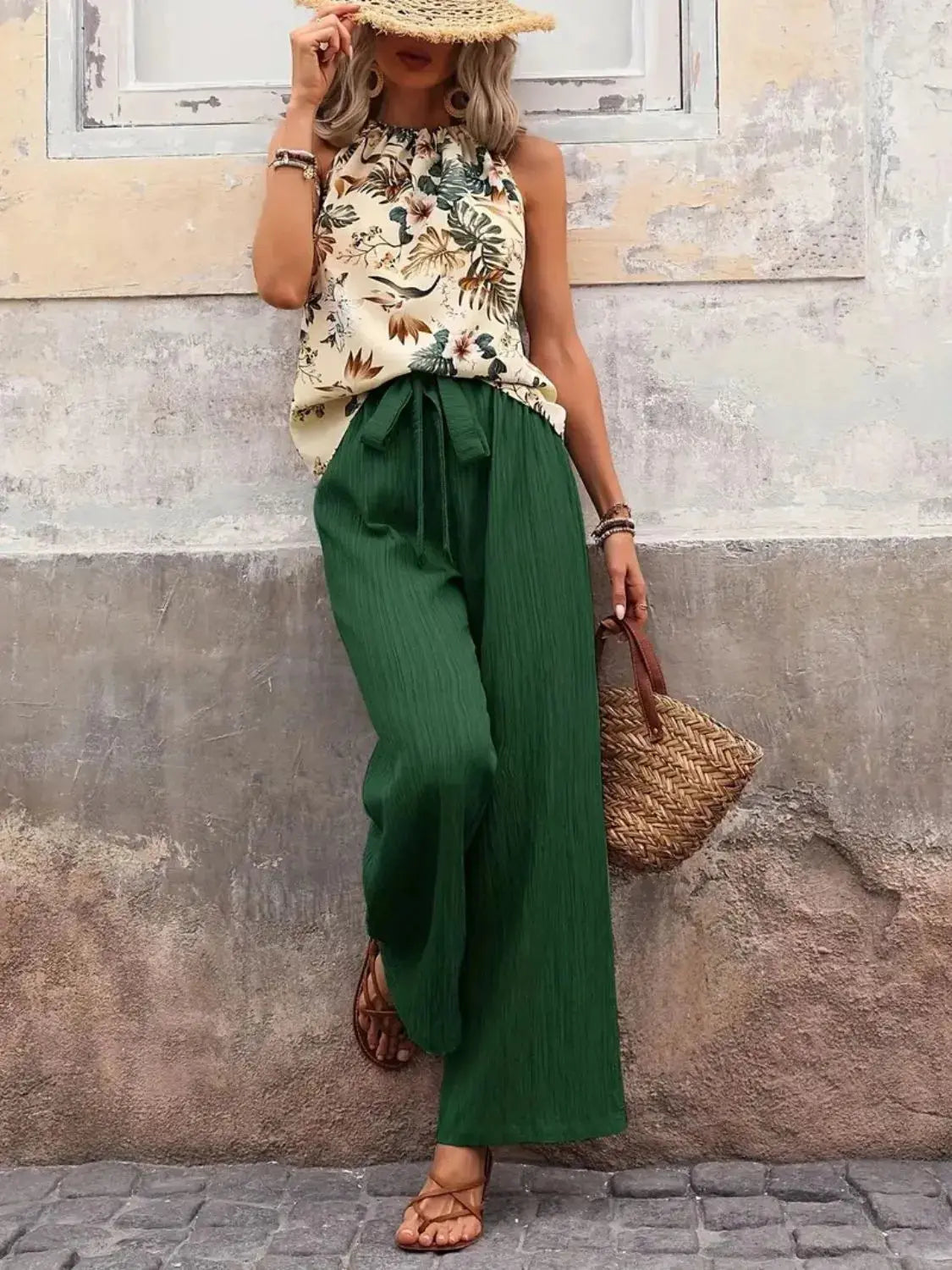 Tank Top and Wide Leg Pants Set.