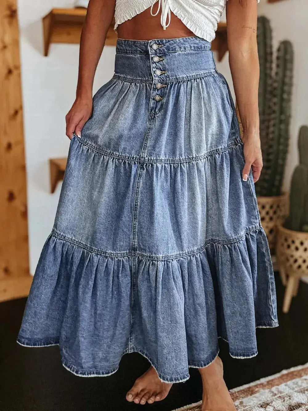 Tiered Button-Fly Denim Skirt.