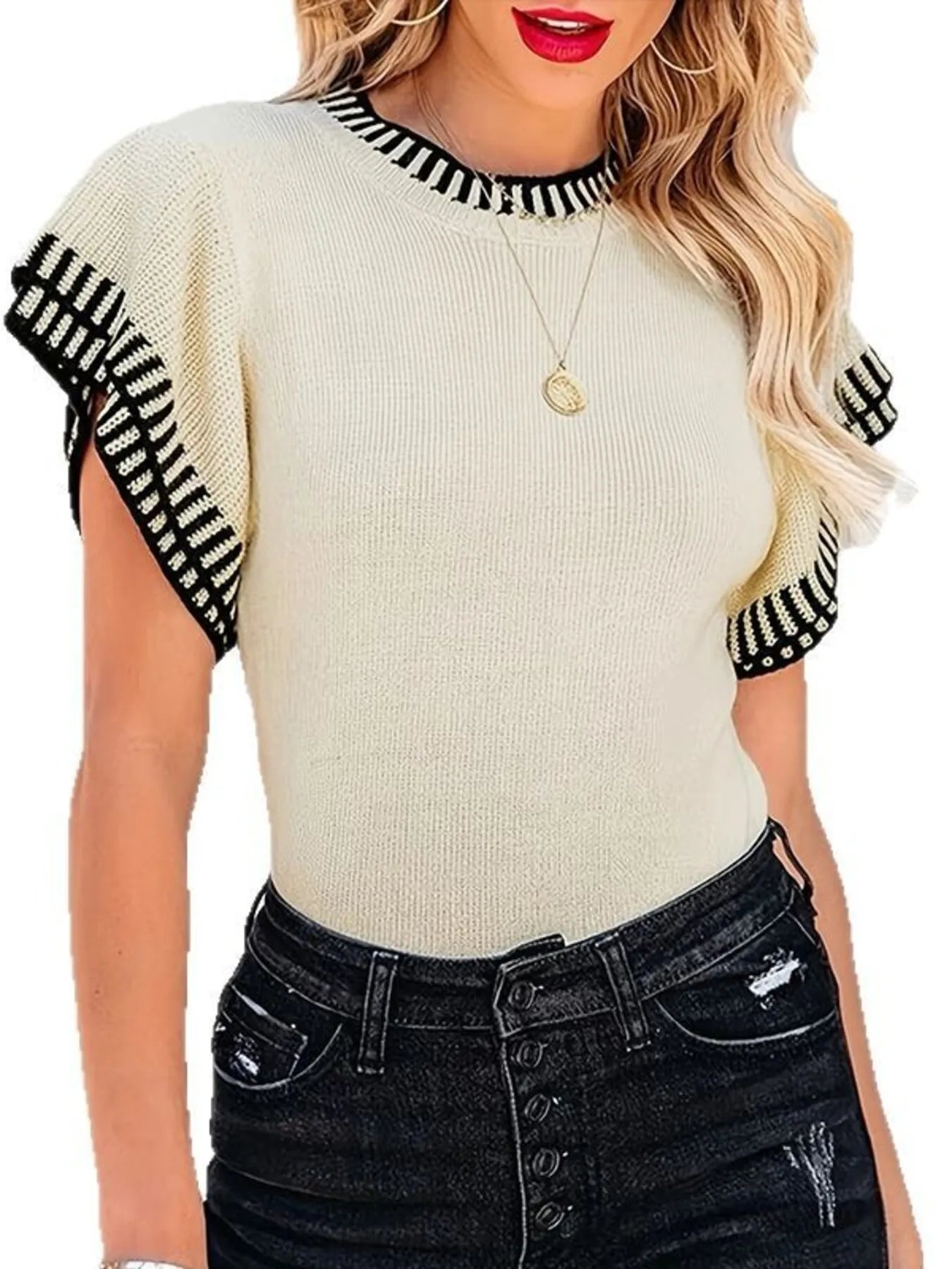 Contrast Trim Cap Sleeve Sweater.