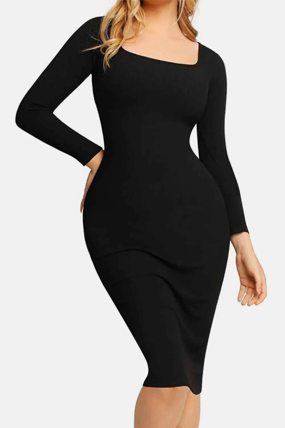 Basic Bae Full Size Built-In Shapewear Square Neck Long Sleeve Dress.