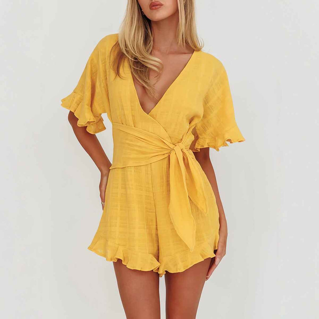 V-Neck Tie-Waist Yellow Dress Short Sleeve Vacation Fashion Women's Dress