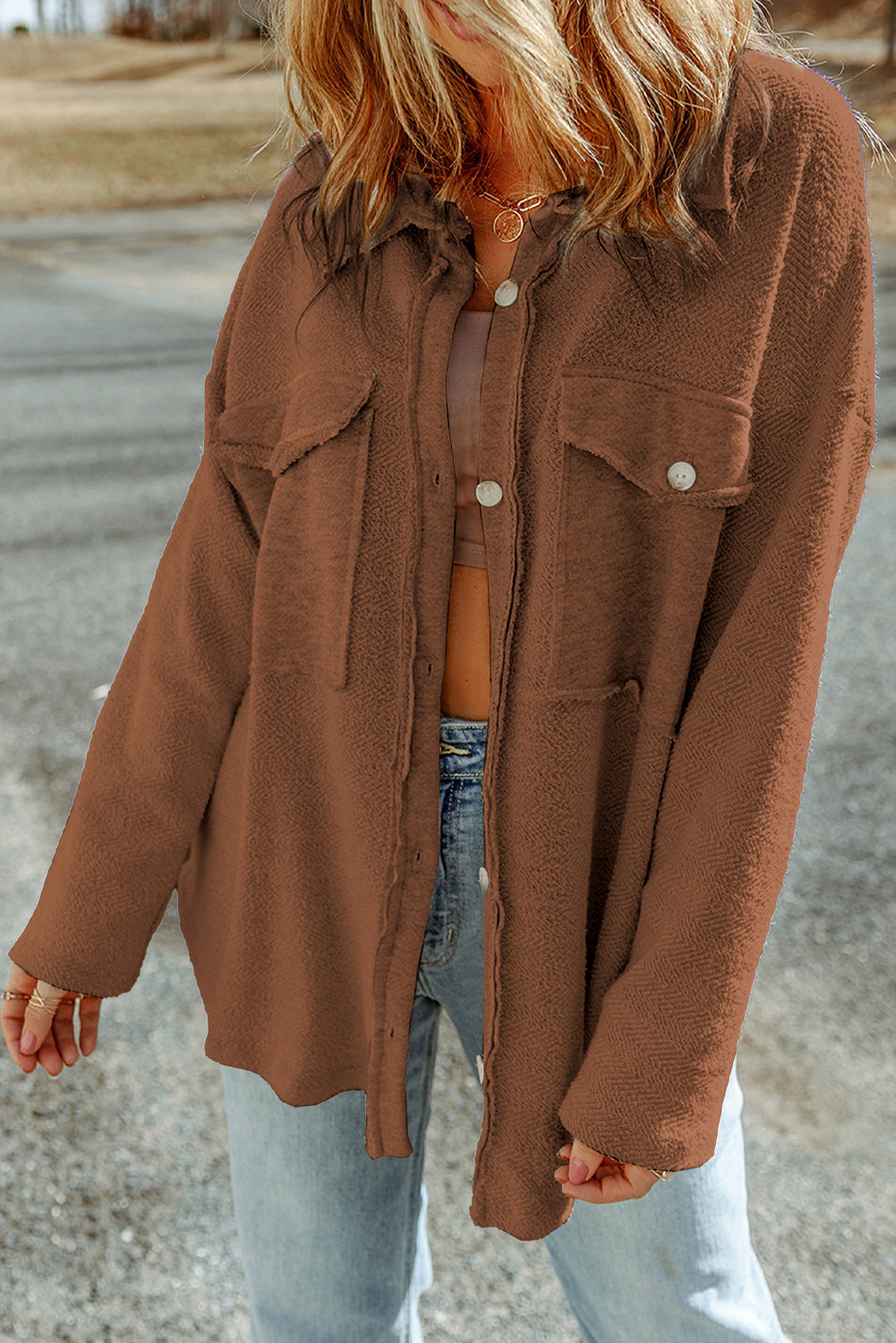 Brown Contrast Flap Pockets Relaxed Shacket Dear-Lover Dropshipping