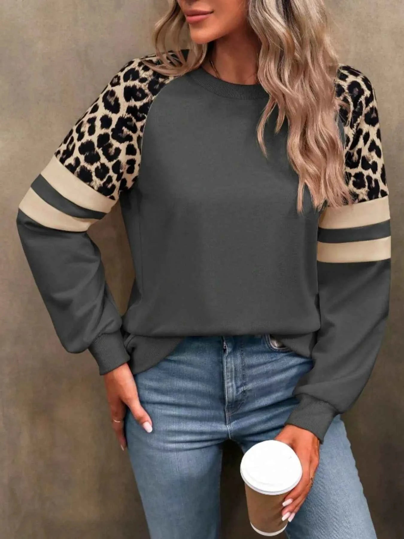 Leopard Round Neck Raglan Sleeve Sweatshirt.