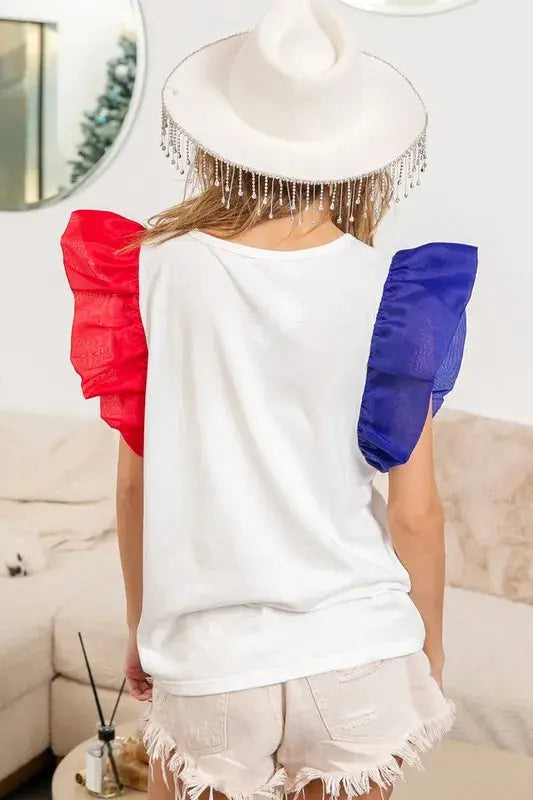 USA Theme Color Block Organza Ruffle Sleeve Top.